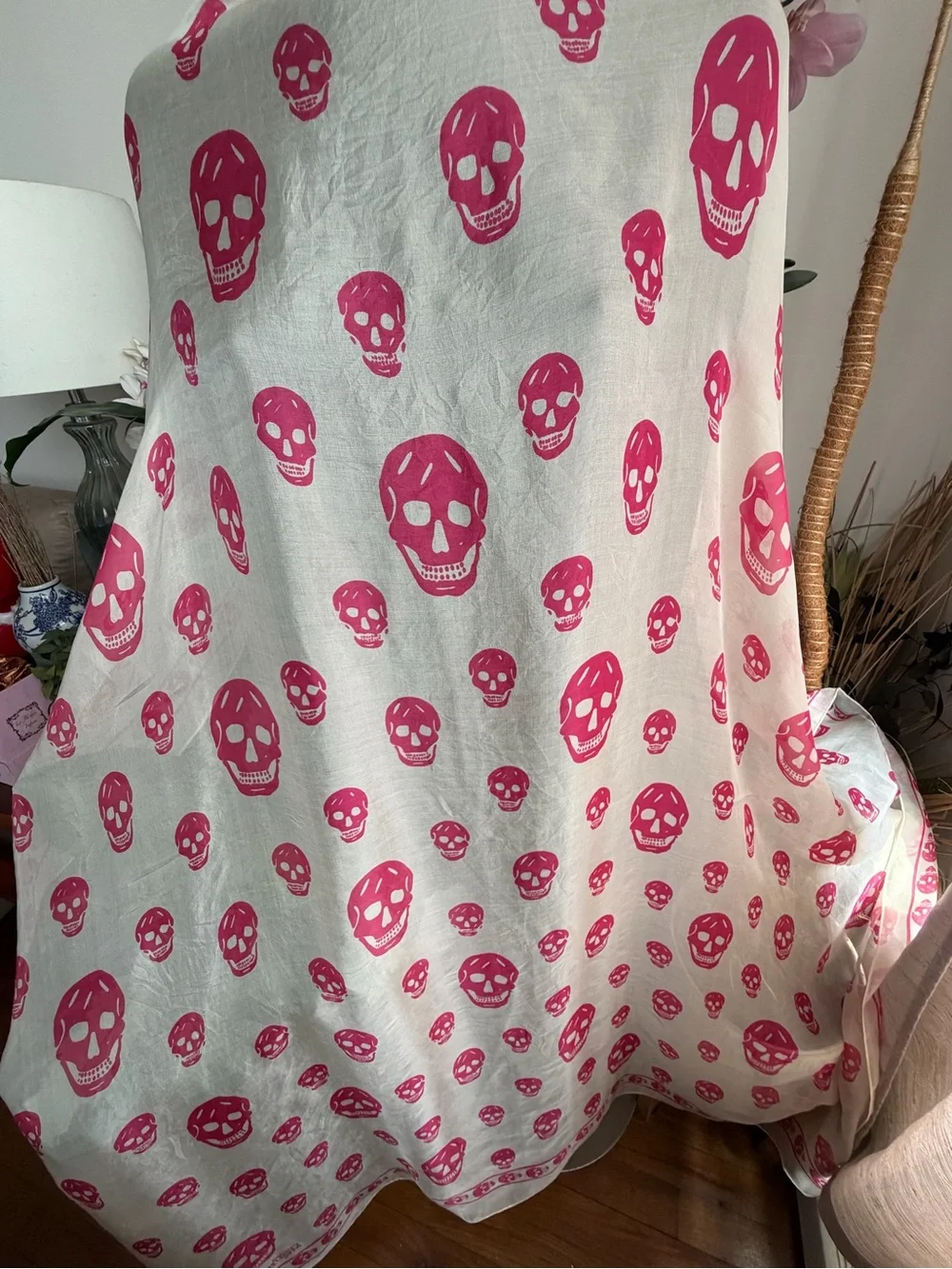 Alexander McQueen Sheer Pink Skull Print Wrap Silk Scarf.